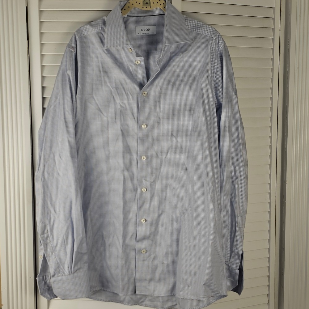 Eton Contemporary Blue White Check Long Sleeve Button Down Shirt Large 42 16.5
